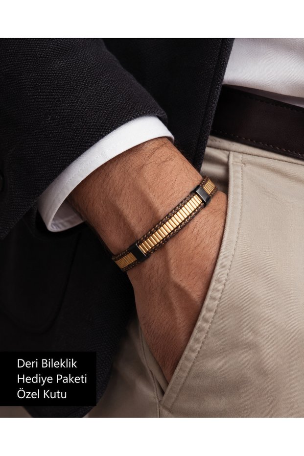 Goldweave Prestige Men's Leather Bracelet with Black Metal and Gold Tone Detail