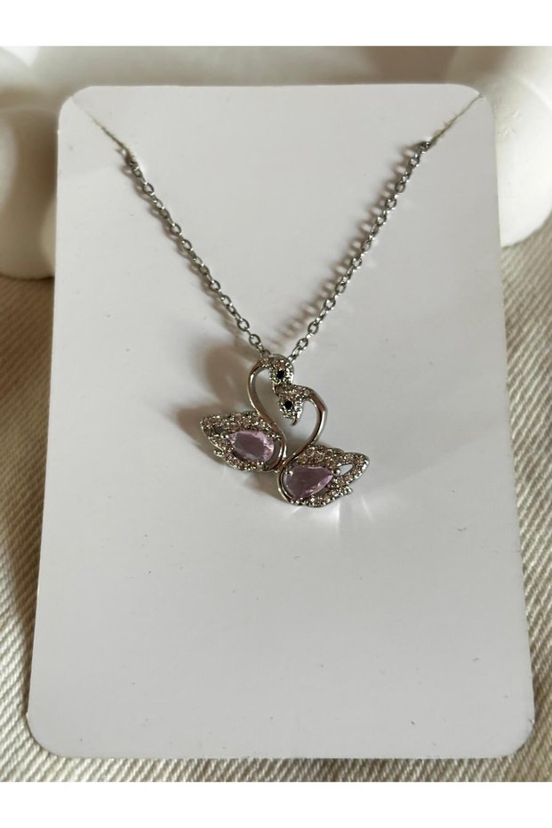 Pink Double Swan Zircon Stone Women's Steel Necklace