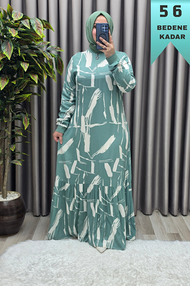 Women's Clothing Plus Size Brush Pattern Zipper Front Six Ruffles Dress