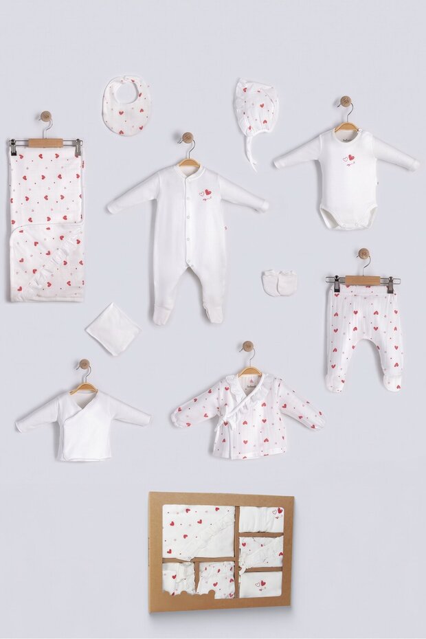 Newborn 100% Cotton Heart Patterned Baby Hospital Discharge Set 10 Pcs