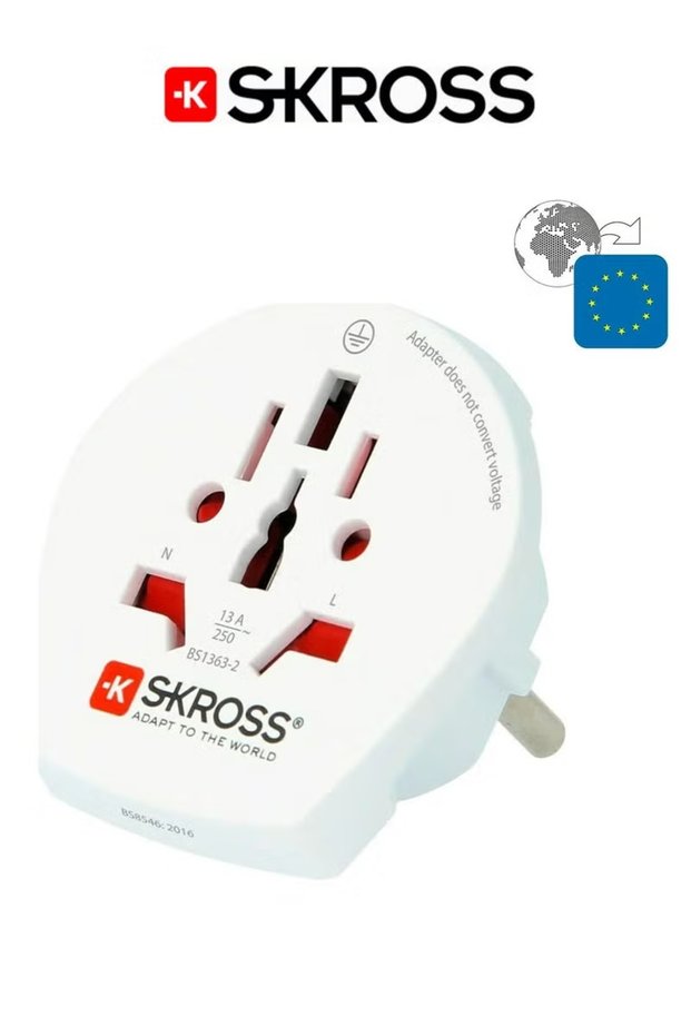 Universal to Europa travel adapter. Multi outlet power adapter. Certified wall plug. Compact and easy to use travel plug. 250V Europa three prong plug. White plug adapter.