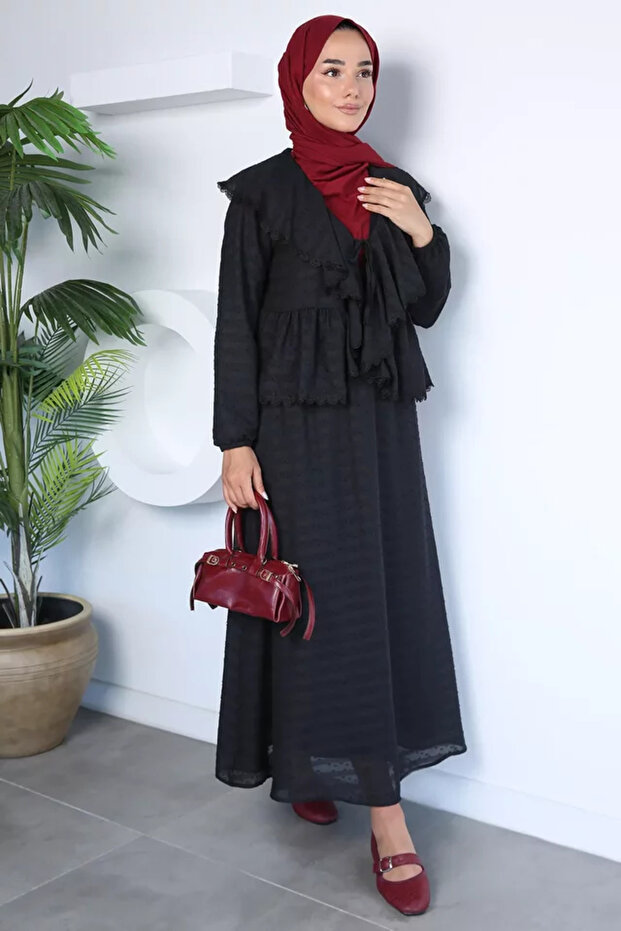 Collar Folded Lace Detailed Blouse Skirt Hijab Double Set