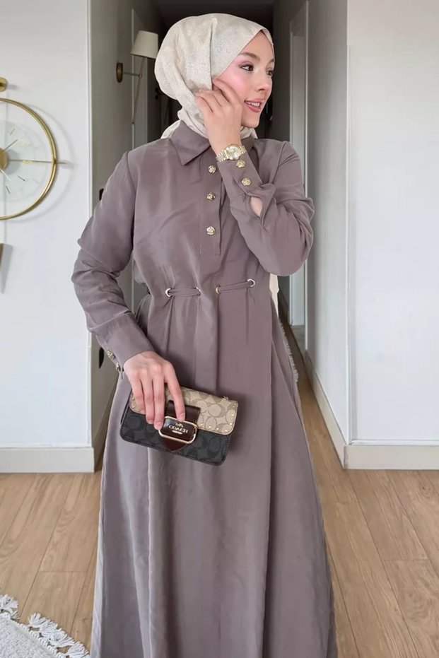 Polo Collar Gold Buttoned Eyelet Detailed Hijab Dress