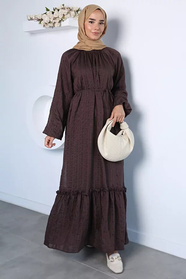 Self-Patterned, Belted Hijab Dress with Elasticated Cuffs
