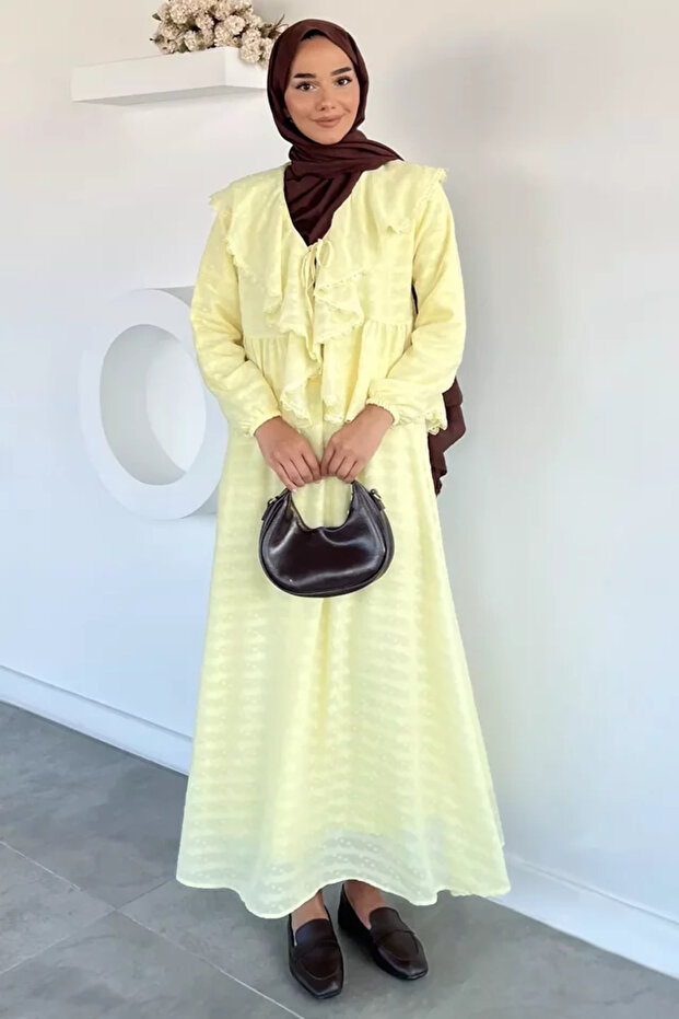 Collar Folded Lace Detailed Blouse Skirt Hijab Double Set