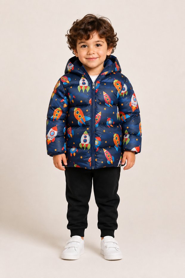 Boy's Navy Blue Helicopter Patterned Fleece Lined Hooded Puffer Coat