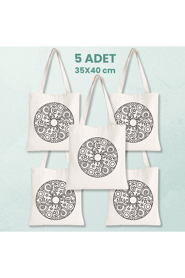 5 Pieces of Mandala Sun Design Paintable Cloth Bag - Hobby Painting Bag