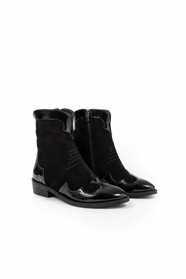 Women's Zippered Boots Genuine Black Patent Leather+Black Suede Leather