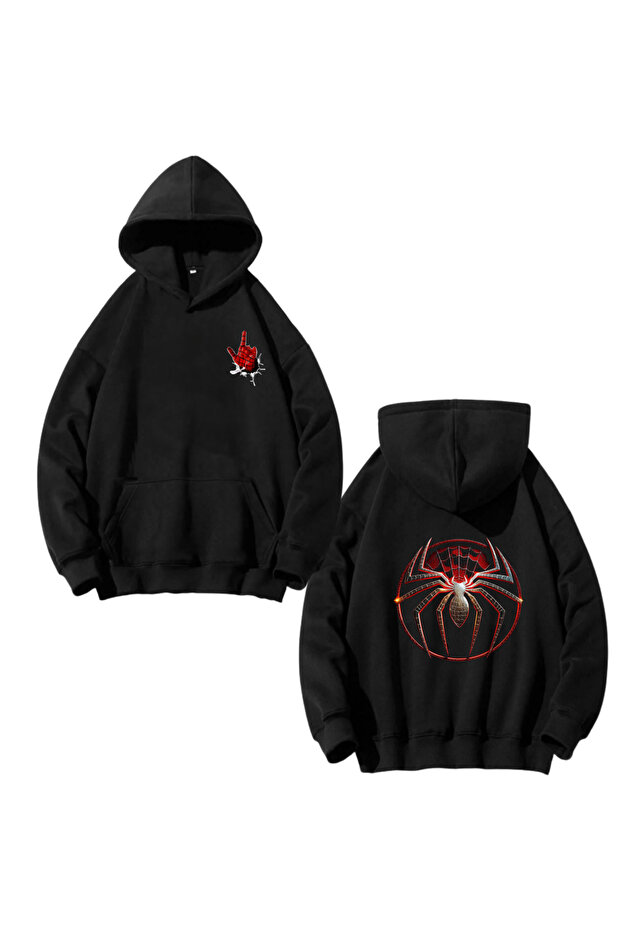 Spider Network Back Print Black Hooded Sweatshirt