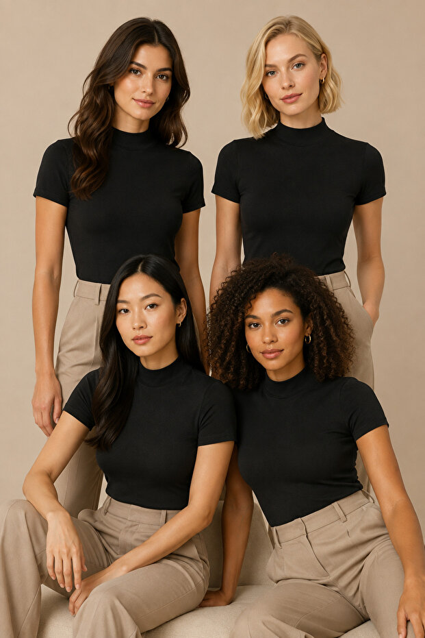 Women's 4-Pack Half Turtleneck Short Sleeve Cotton Stretch Basic T-Shirt Black