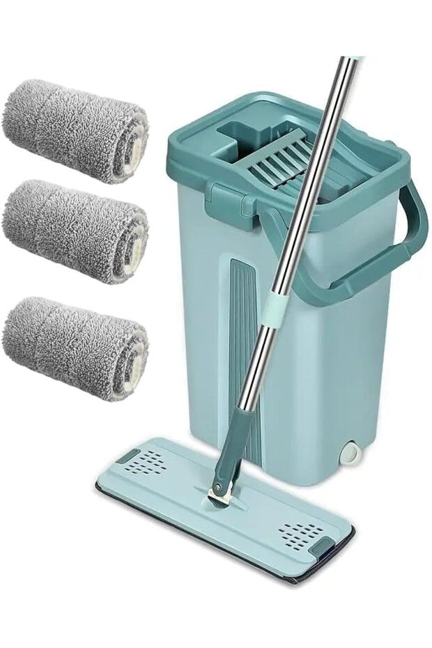Hail - Floor Mop and Bucket Set, Flat Mop Bucket System - Home Hardwood Floor Mop Bucket with Wringer Extended Stainless Steel Handle Mop for Wood, Vinyl - 3 Washable & Reusable Microfiber Pads
