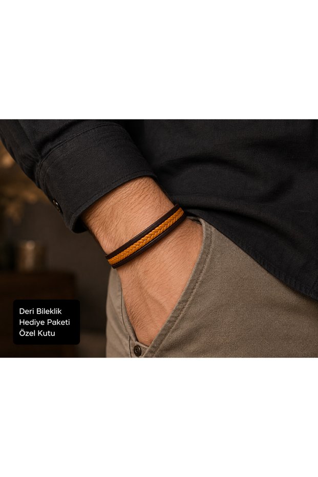 Sartoria Amber Double Layer Braided Detailed Men's Leather Bracelet with Gift Box
