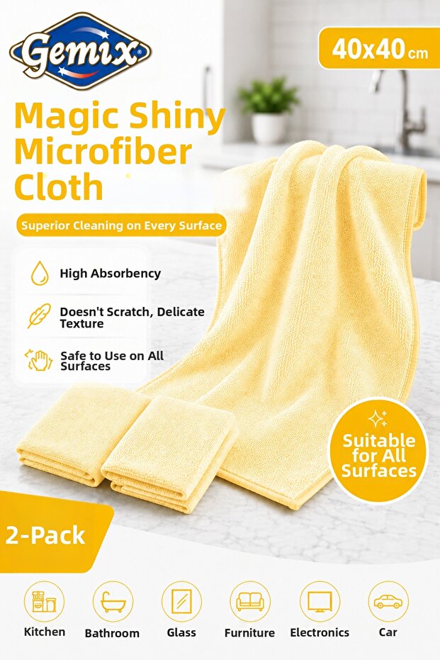Magic Shiny Microfiber Cloth 40X40 cm Yellow 2-Pack Multi-Purpose Cleaning Cloth