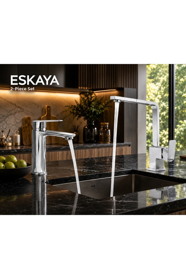 Eskaya Chrome Set of 2 Bathroom Sink Faucets and Square Kitchen Sink Faucets with Stylish Design