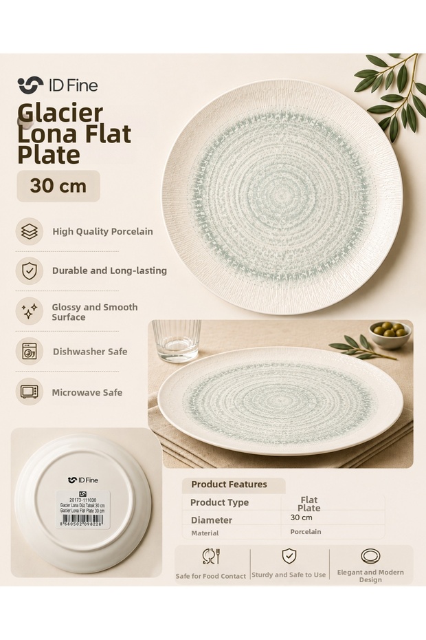 Glacier Lona Flat Porcelain Dinner Serving Presentation Plate
