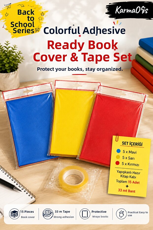 Colorful Adhesive Ready-To-Use Book Cover and 33-Meter Tape Set – 5 Blue 5 Yellow 5 Red