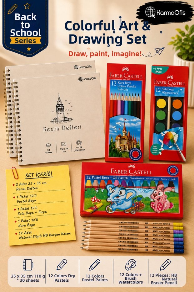25X35 cm 110 Gr Drawing Notebook 12-Piece Set of Pastel Paints, Watercolor Paints, Dry Paints and Hb Pencils with Natural Eraser – 2 Notebooks