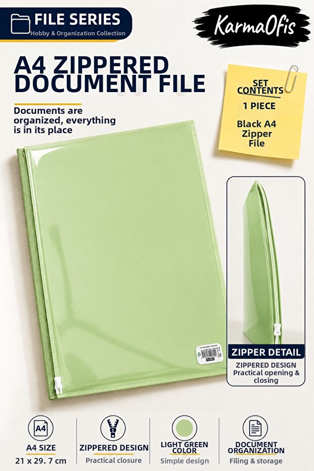 Green A4 Zippered Document Folder Document Storage File with Color Options