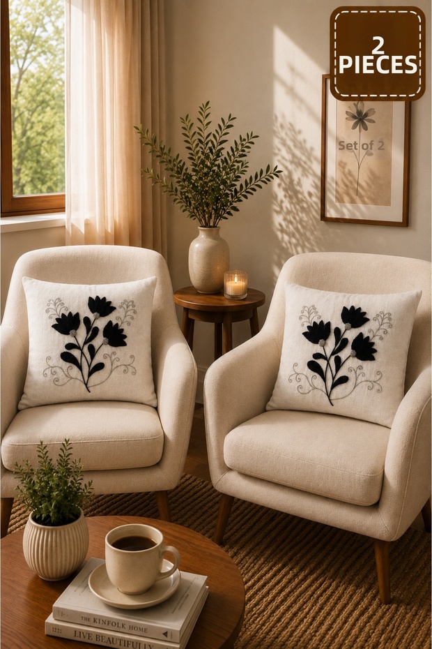2 Piece Punch Cushion Cover 43X43 cm – Decorative Embroidered Cushion Set