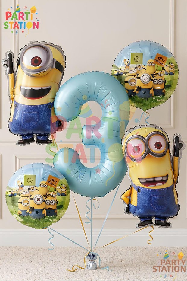 Minions Balloon Set 5 Pieces 3 Years Old Minion Kevin and Minion Stuart Birthday Set Blue Color Number Foil Balloon and Minion Foil Balloon Set