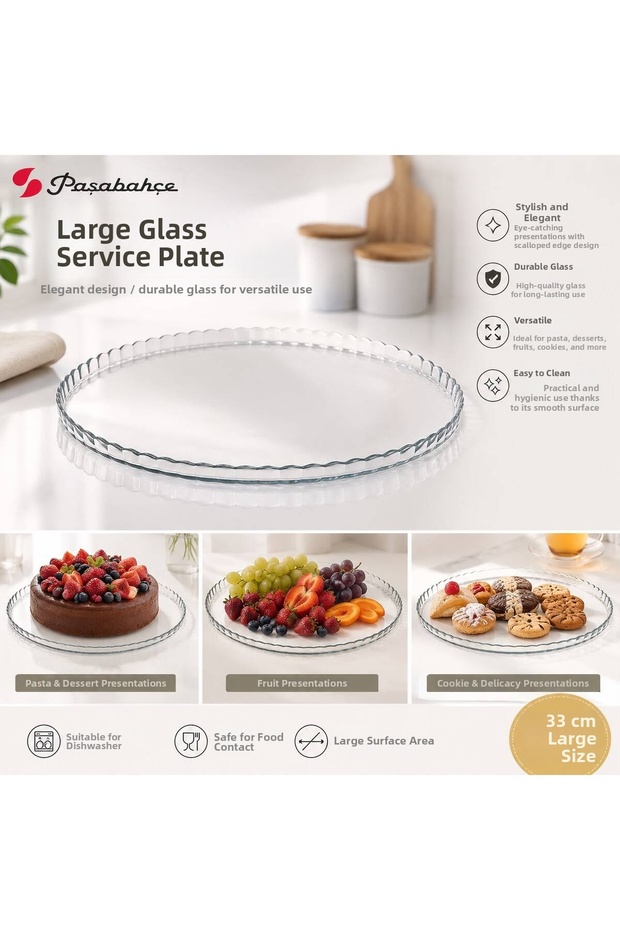 Patisserie 33 cm Glass Serving Plate Large Size Cake Dessert Presentation Plate