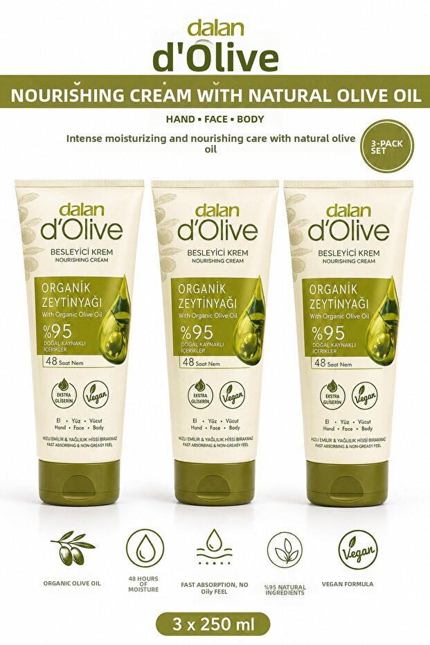 D'Olive Natural Olive Oil Nourishing Hand Face Body Cream 250 ml 3 Pieces