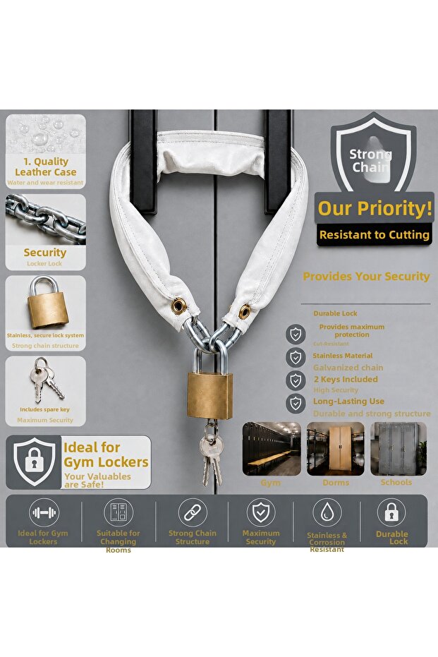 White Faux Leather Covered Chain and Padlock, Set for Locker Cabinets with University Dorms