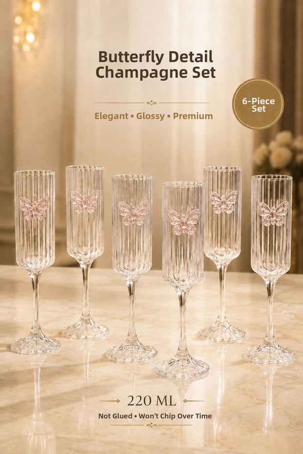 Premium Butterfly Detailed 6-Piece Footed Glass Goblet Set 220 ml – One-Piece Special Design