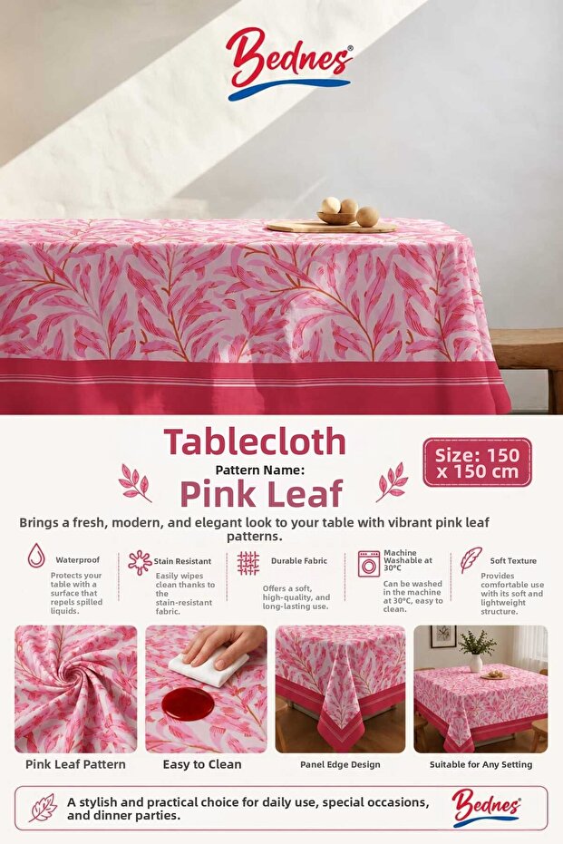 Pink Leaf Patterned Tablecloth 150X150 cm Stain Resistant Waterproof