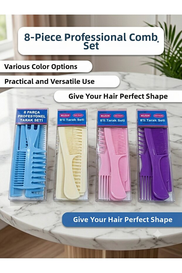Tb Multi-Purpose 8-Piece Professional Hair Comb Set - Cutting, Dyeing, and Blow-Drying Comb Set, Color in Stock Will Be Sent