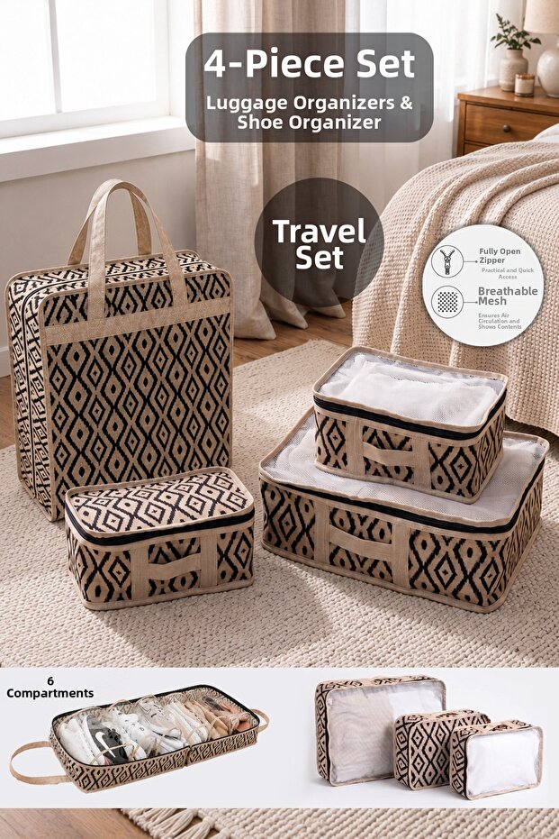 4-Piece Travel Organizer Set - Shoe Organizer, Suitcase Organizer, Travel Organizer, Beige