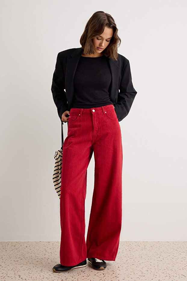 Kırmızı Yüksek Bel Wide Leg Geniş Paça Jeans TWOAW27JE00184