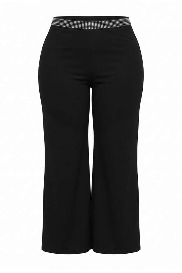 Black Stone Belt Detailed High Waist Wide Leg Plus Size Trousers Tbbaw27Ar00003