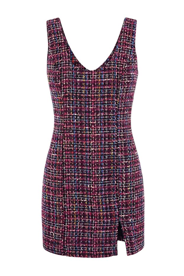 Çok Renkli Tüvit Bodycone/Vücudu Saran Yırtmaçlı Kısa / Mini Dokuma Elbise TWOAW27EL00170