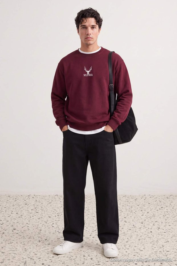 Bordo Oversize/Geniş Kesim Uzun Kol Hayvan Nakışlı Sweatshirt TMNAW24SW00169