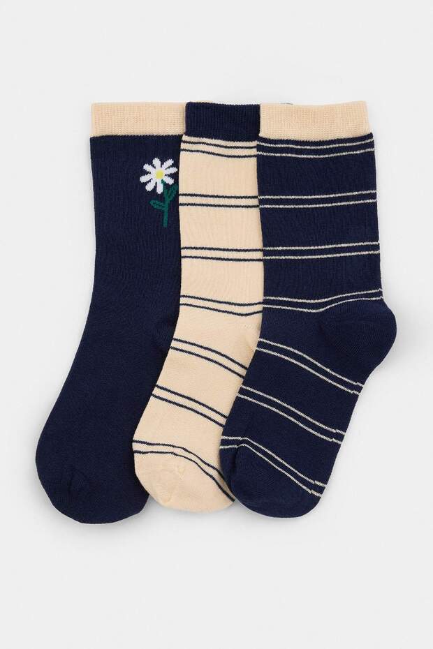Navy Blue-Ecru 3-Piece Cotton Blend Floral-Striped Jacquard Knitted Socks Thmaw27Co00016