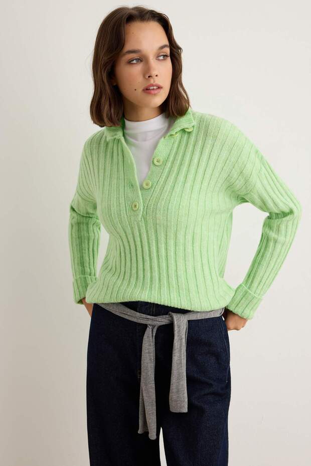 Lime Wide Fit Soft Textured Stand Collar Knitwear Sweater Twoaw21Kz0783