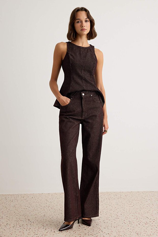 Kahverengi Çizgili Yüksek Bel Wide Leg Jeans TWOAW27JE00207