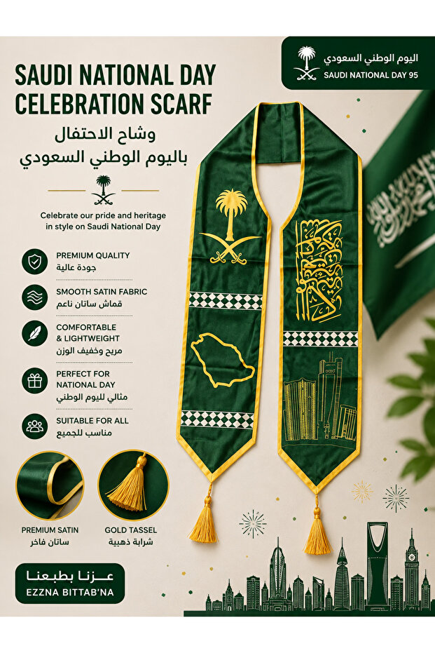 وشاح قطني للاحتفال باليوم الوطني السعودي - تصميم تراثي سعودي باللونين الأخضر والذهبي