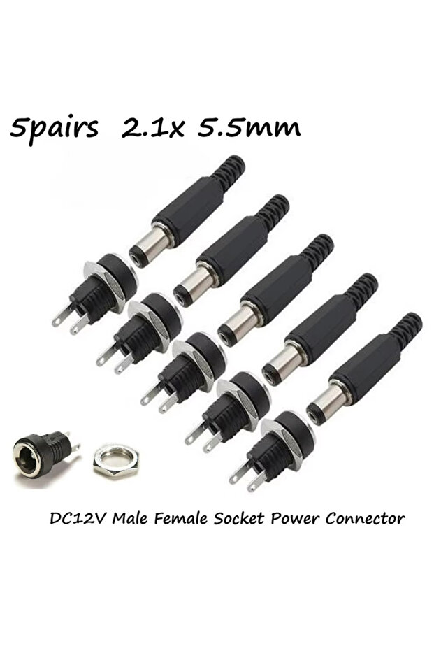 5 Pair DC 12V Male Female Socket Panel Mount Barrels Jack Plug Power Connector Female Jack Screw ...