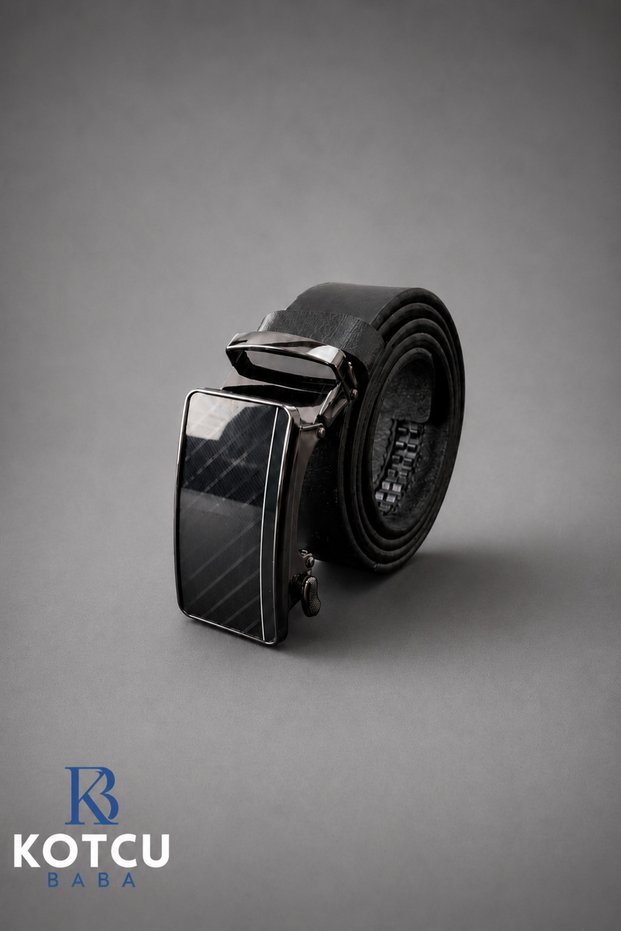 Men's Original Buffalo Leather Buckle Belt with Shiny Detail in Black 3.5 cm