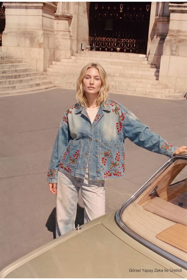 Women's T.Jeans Color 2S566 Floral Embroidery Oversize Design Denim Jacket