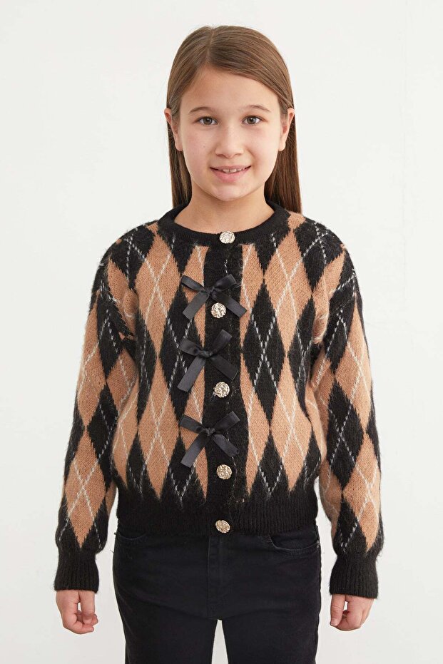 Baklava Patterned Bowknot Buttoned Girls' Cardigan