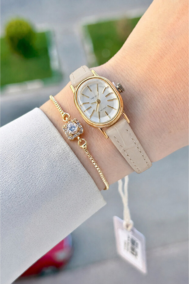 Gold Case, Cream Color Strap, Gift Packaged, 20 mm 5 Atm Women's Wristwatch