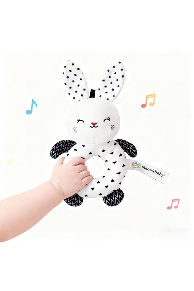 Rabbit Baby Teething Rattle Toy with Squeaky Sound, Black and White Handheld Sensory Shaker for Newb