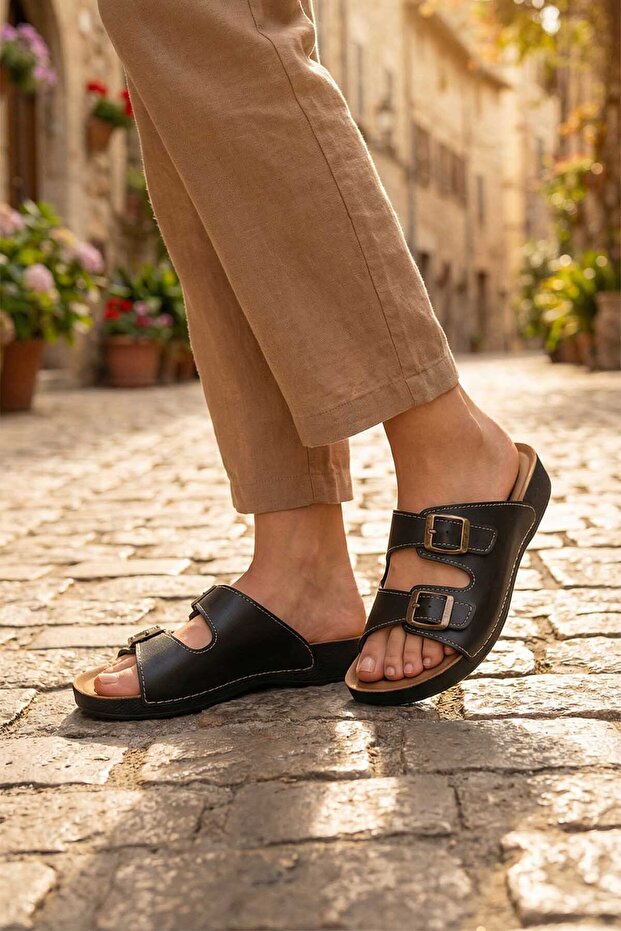 Summer Comfortable Sole Two Buckle Adjustable Faux Leather Daily Women's Slippers