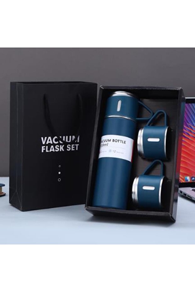 401-500ml Blue One Cup Three Lid Thermos Cup Set 304 Stainless Steel Handle Lid Gift Cup Men's And W
