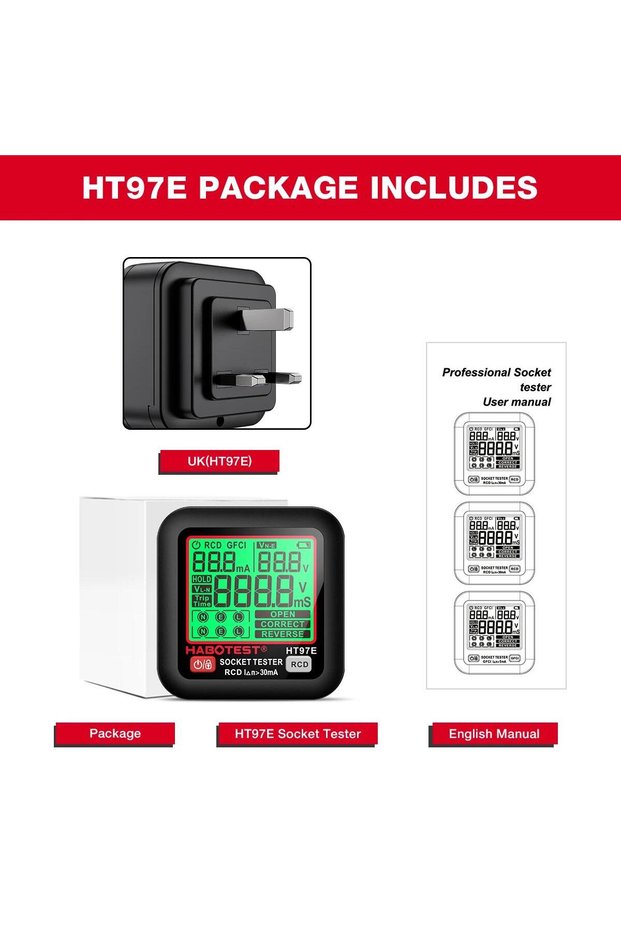 HT97E (UK Plug) HABOTEST HT97 Digital Socket Tester Smart Voltage Detector RCD GFCI Voltage Test EU