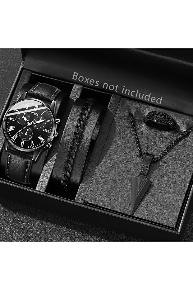 black 4PCS Black Men's Watch Set Business Trend Versatile Roman Digital Scale Quartz Watch Bracelet