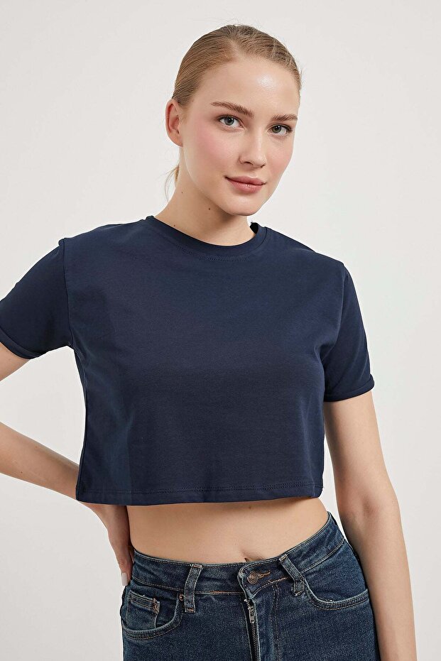 Women's Crew Neck Double Sleeve Navy Crop T-Shirt